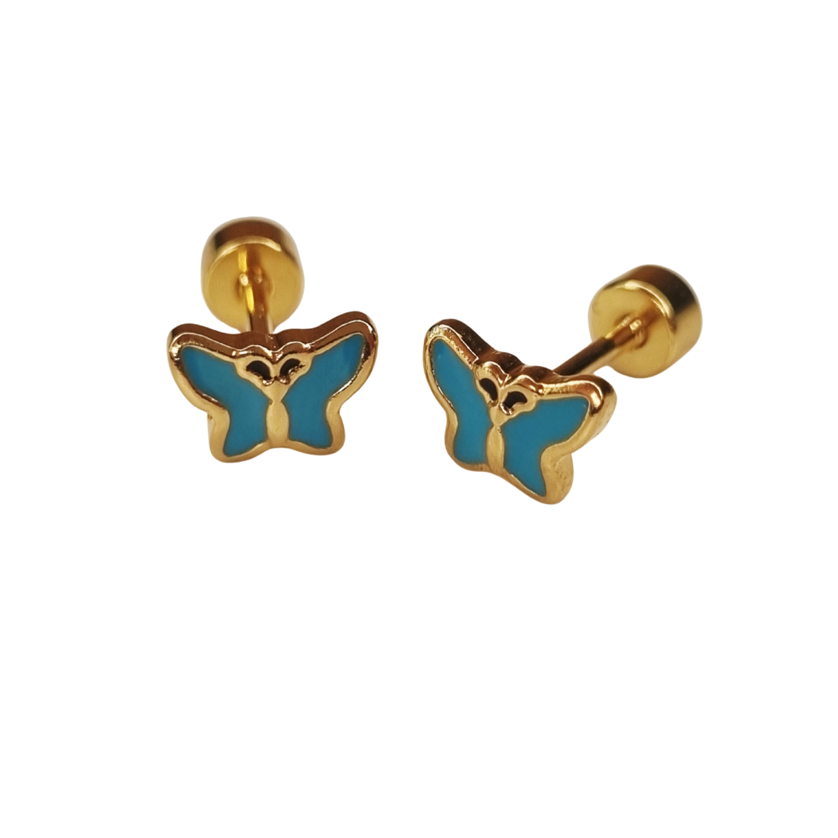 Kinderoorbellen Vlinder goud, glitter turquoise met schroefsluiting
