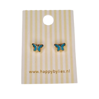 Kinderoorbellen Vlinder goud, glitter turquoise met schroefsluiting