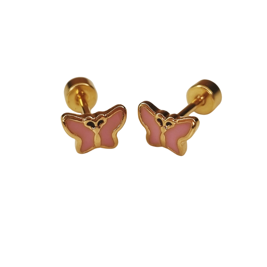 Kinderoorbellen Vlinder goud, glitter roze met schroefsluiting