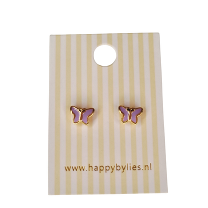 Kinderoorbellen Vlinder goud, glitter lila met schroefsluiting