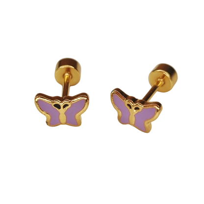 Kinderoorbellen Vlinder goud, glitter lila met schroefsluiting