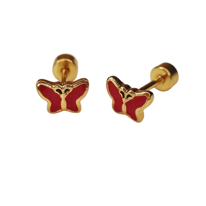 Kinderoorbellen Vlinder goud, glitter rood met schroefsluiting