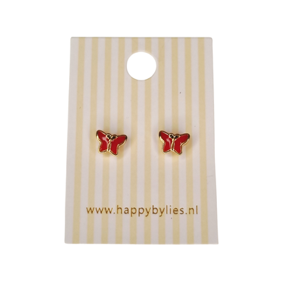 Kinderoorbellen Vlinder goud, glitter rood met schroefsluiting