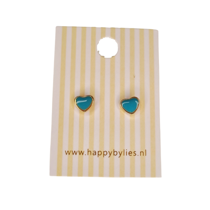 Kinderoorbellen Hart goud, turquoise met schroefsluiting