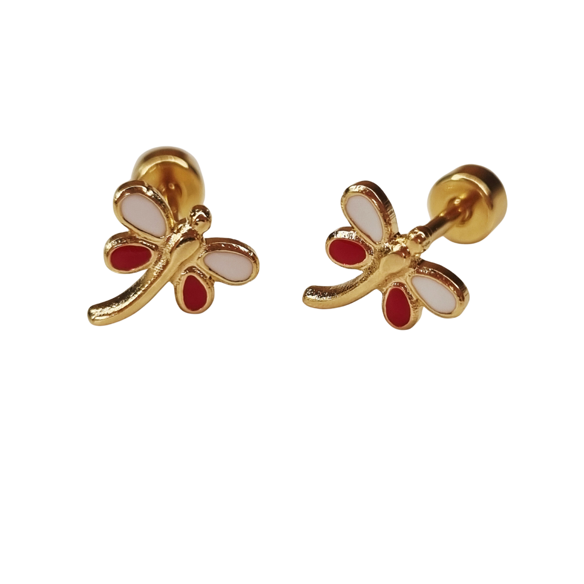 Kinderoorbellen Libelle goud (wit,rood) met schroefsluiting
