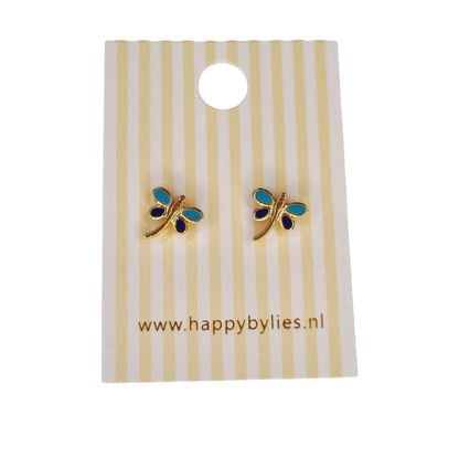 Kinderoorbellen Libelle goud (turquoise,donkerblauw) met schroefsluiting