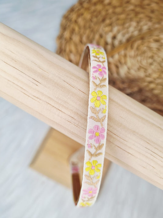 Boho Diadeem Bloemen roze, geel