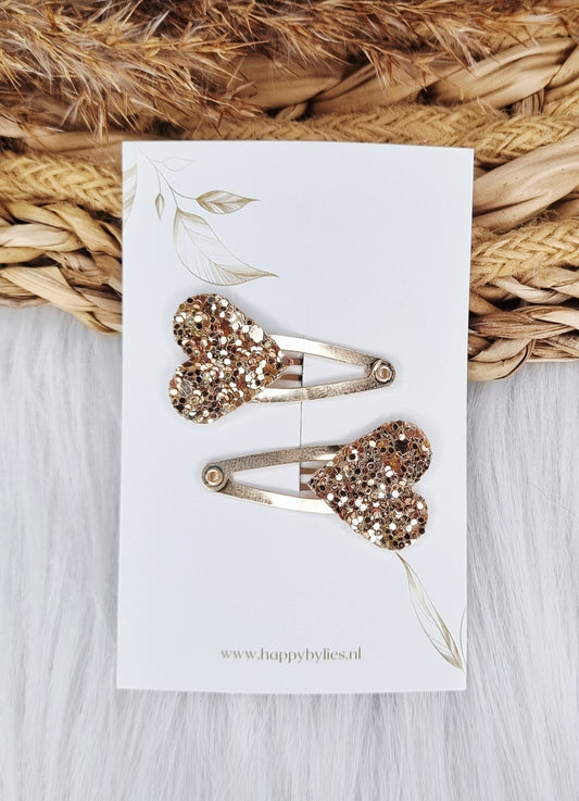 Haarspeldje Hart glitter goud 2 stuks