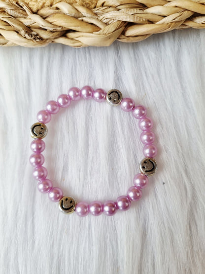 Kinderarmband - Pearl smiley goud lila