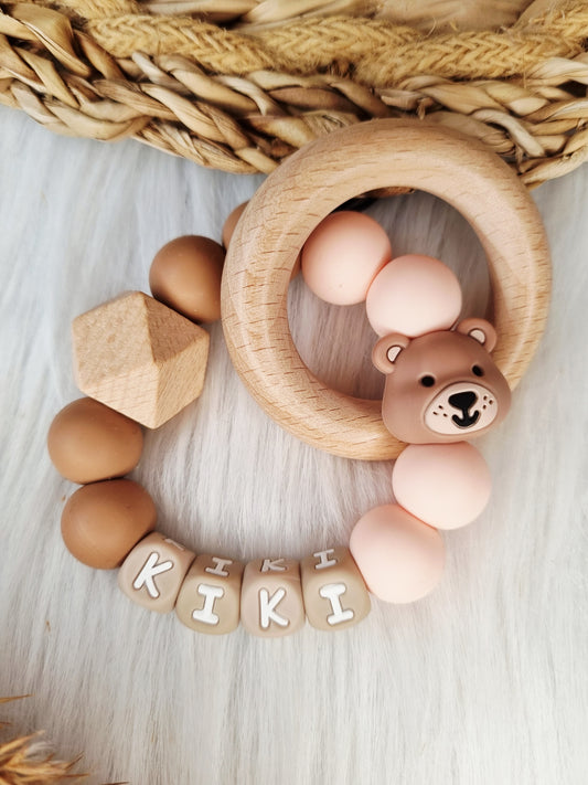 Bijtring met naam Beer, peach brons, lightpink
