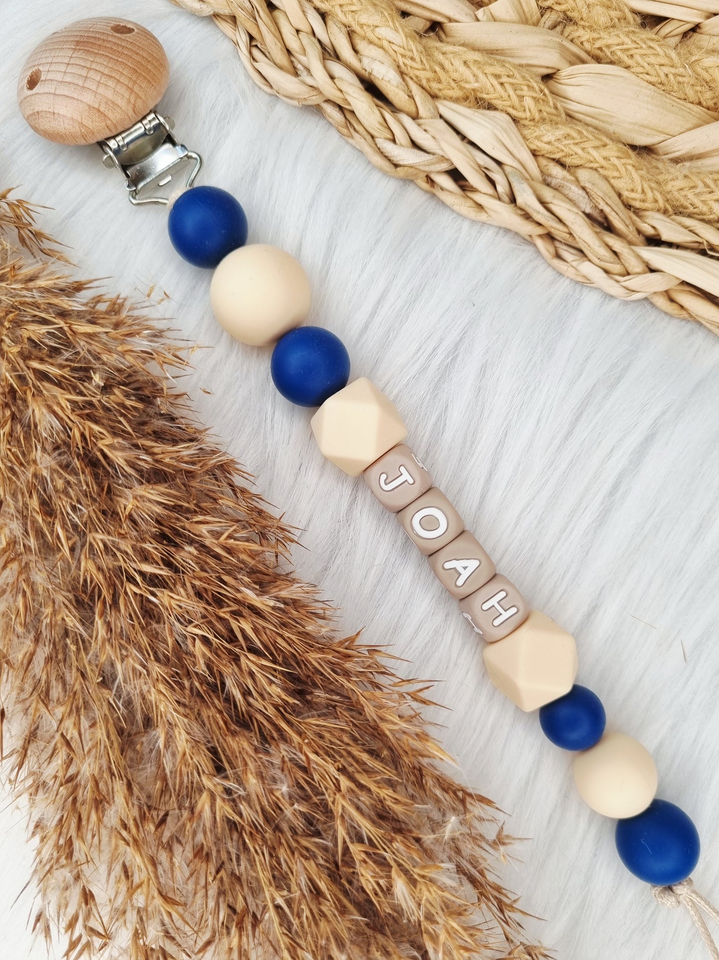 Speenkoord met naam - Colorblocking marine.vanille