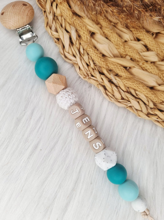 Speenkoord met naam - Turquoise, emerald, grit