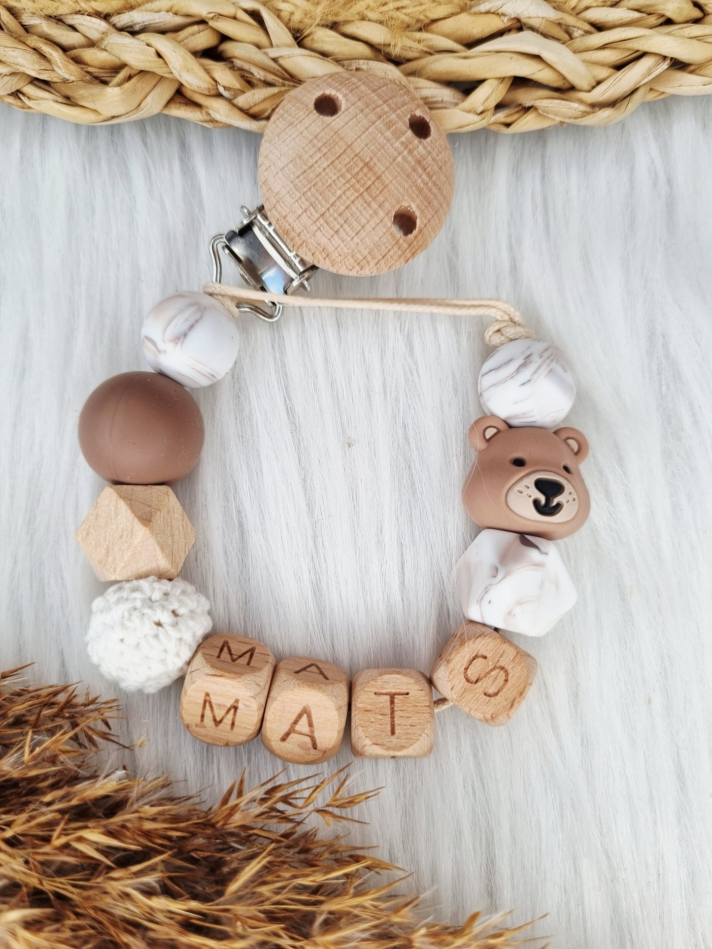 Speenkoord met naam en figuurtje (Jouw eigen ontwerp) beer, marble wit/bruin, brownie