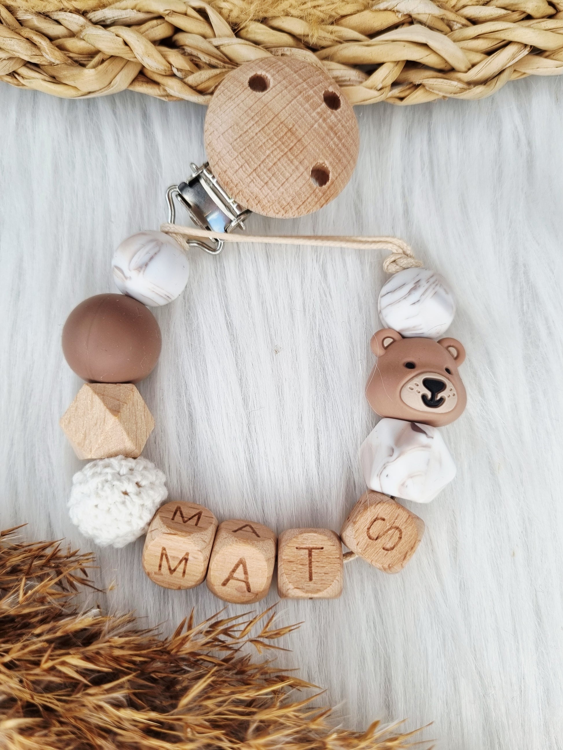 Speenkoord met naam en figuurtje (Jouw eigen ontwerp) beer, marble wit/bruin, brownie