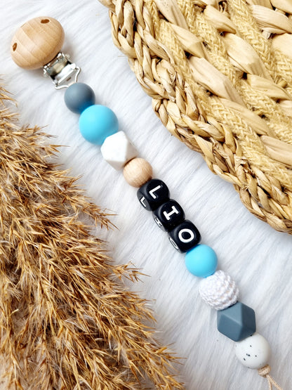 Speenkoord met naam babyblauw, grit, donkergrijs