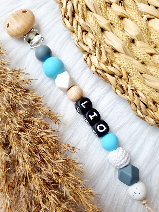 Speenkoord met naam babyblauw, grit, donkergrijs