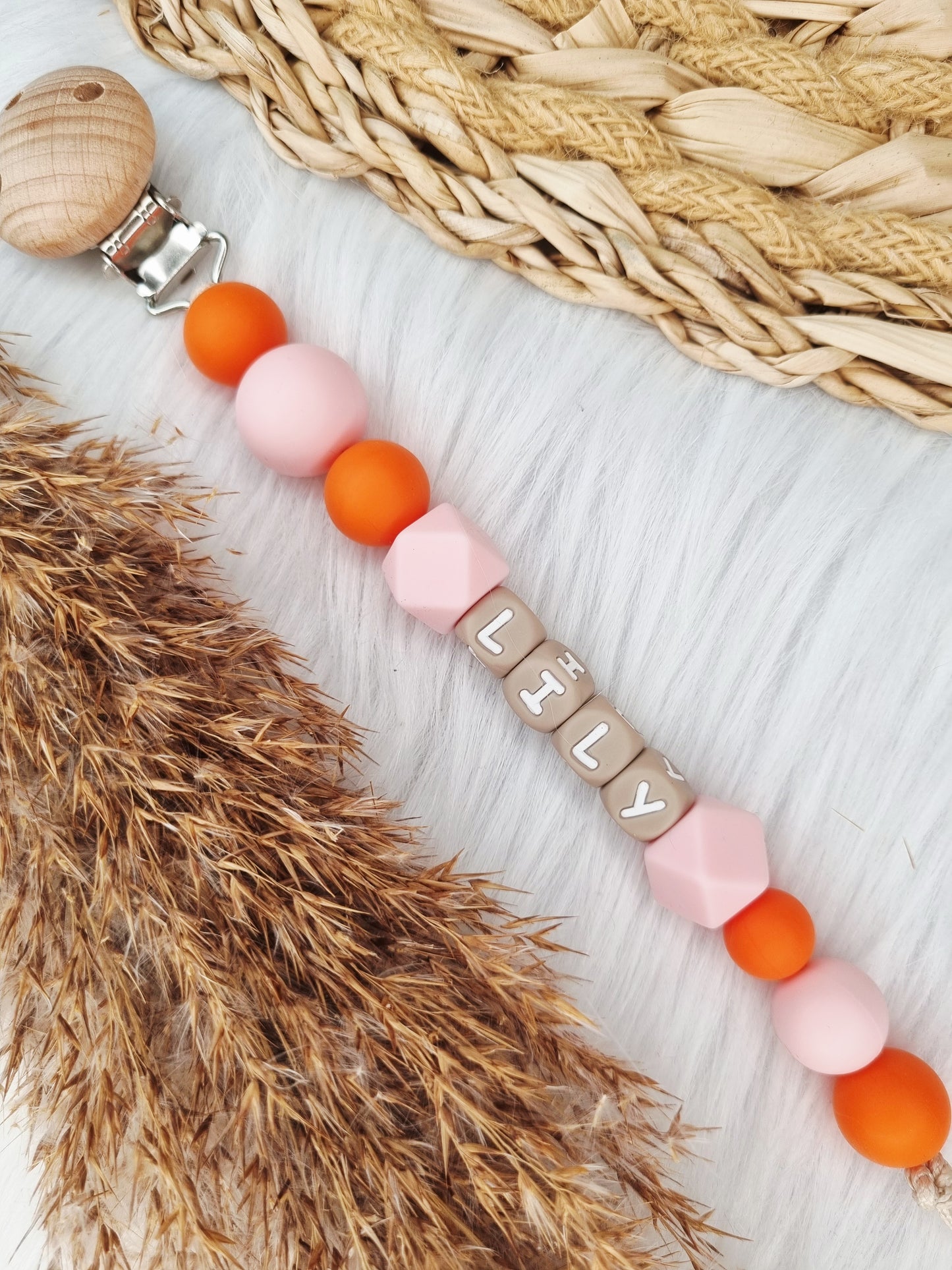 Speenkoord met naam - Colorblocking babypink,oranje