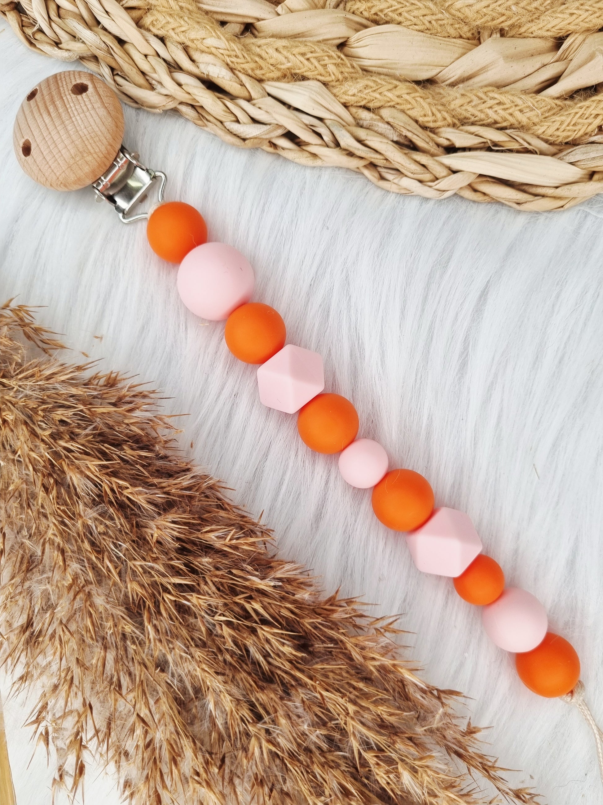 Speenkoord met naam - Colorblocking babypink,oranje