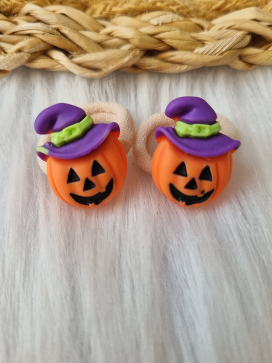 Mini haarelastiekjes Pompoen met heksenhoed 2 stuks (halloween)