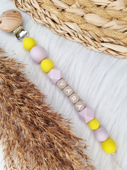 Speenkoord met naam - Colorblocking Lila ,geel