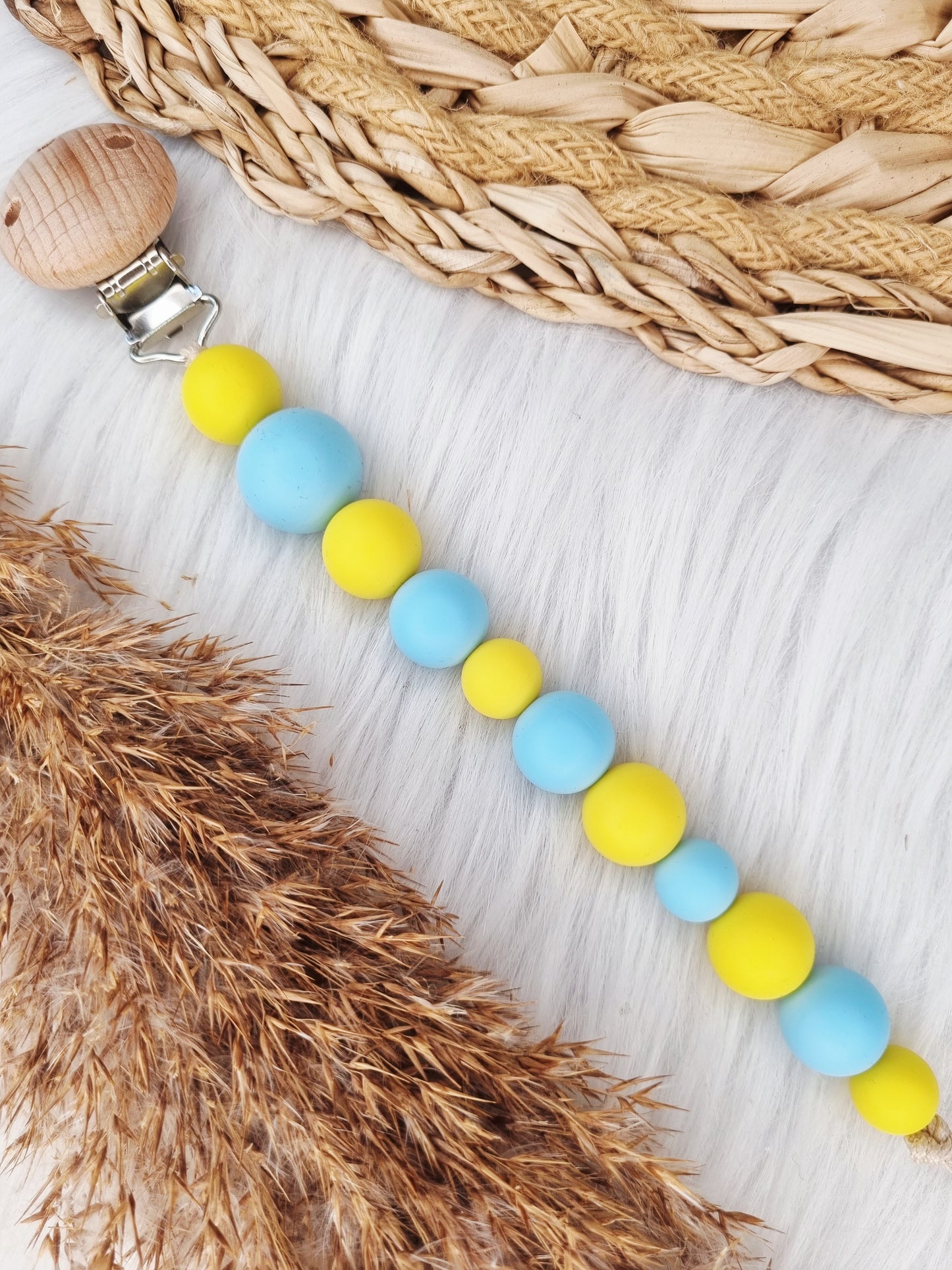 Speenkoord met naam - Colorblocking babyblauw, geel