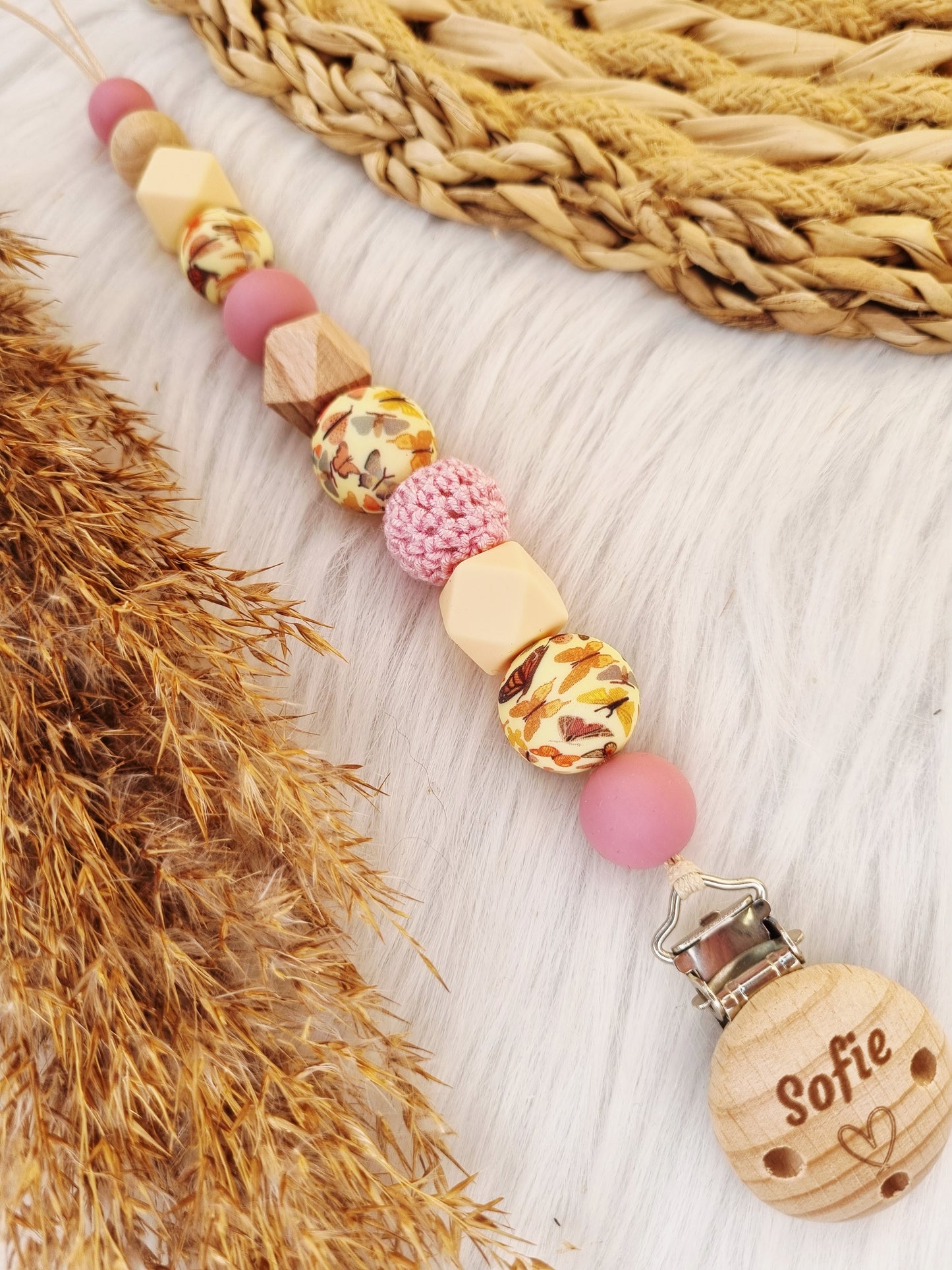 Speenkoord gegraveerd vlinder, dusty rose, vanille