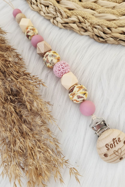 Speenkoord gegraveerd vlinder, dusty rose, vanille
