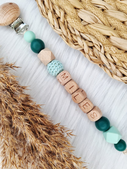 Speenkoord met naam (Jouw eigen ontwerp) mint, dennen groen