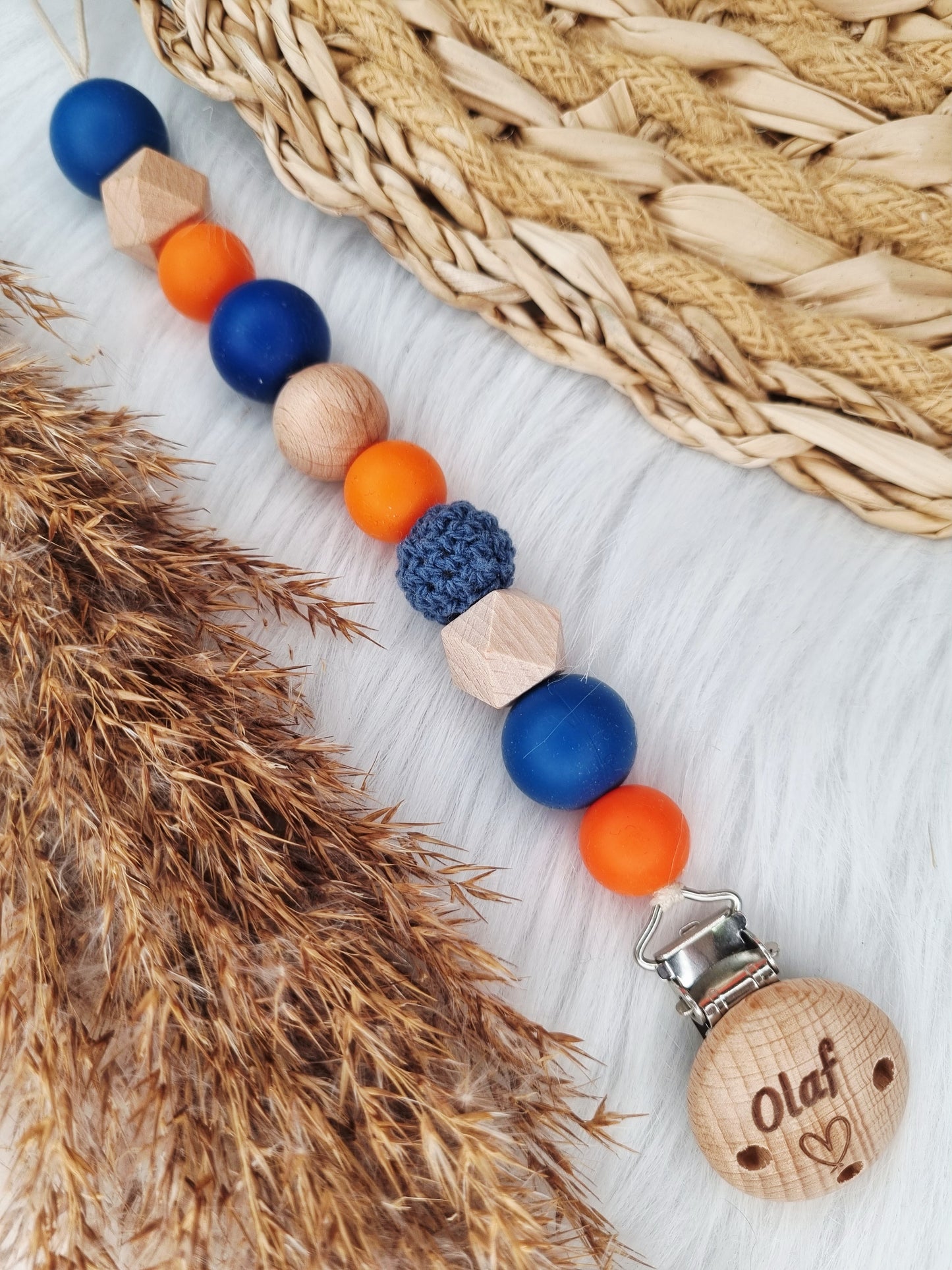 Speenkoord gegraveerd donkerblauw, oranje