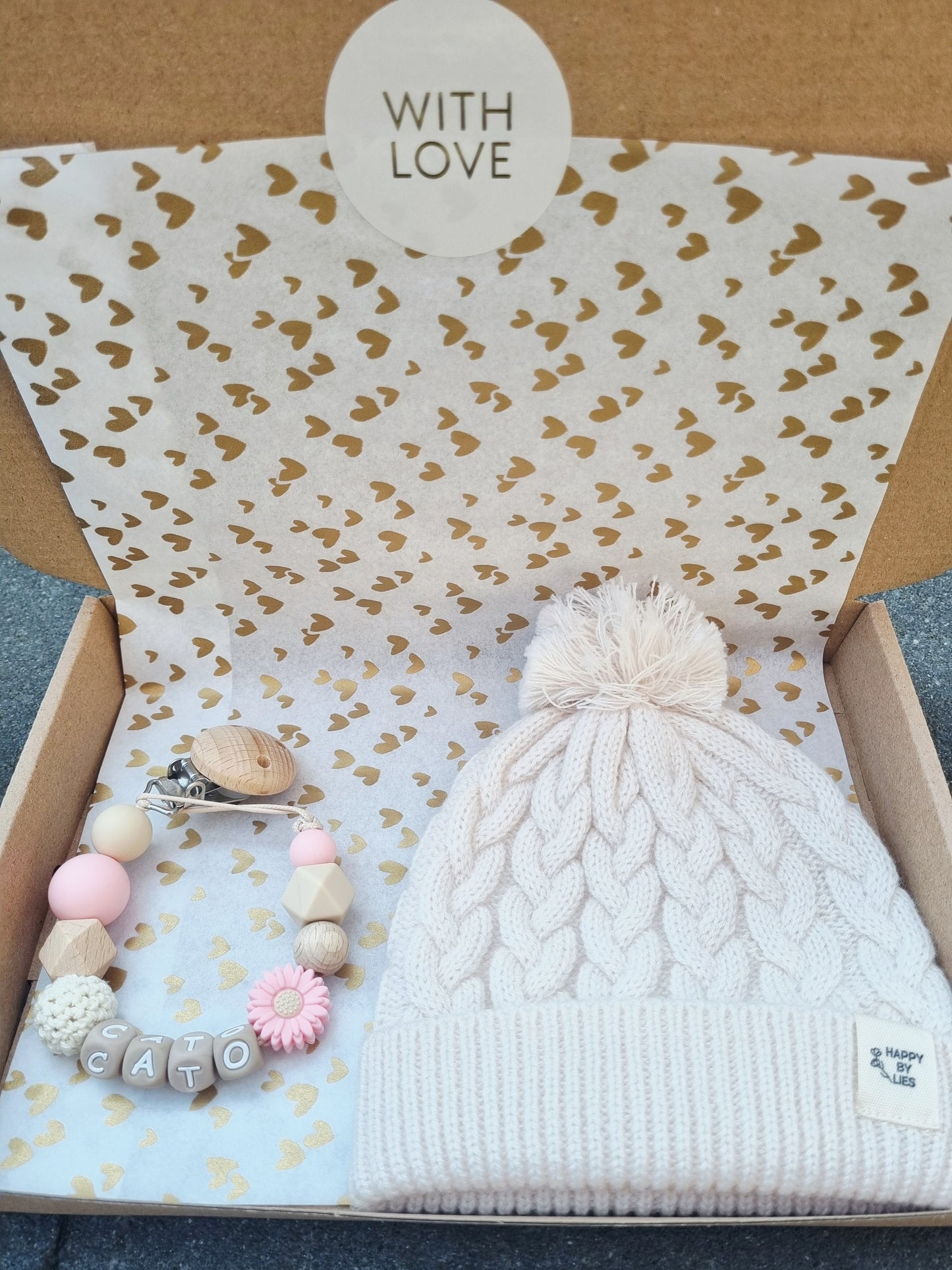 Kraamcadeau set Cato (merino muts, speenkoord Daisy babypink)
