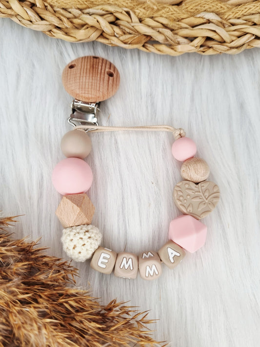 Speenkoord met naam - Hart klei, babypink