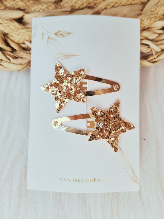 Haarspeldje leatherlook Ster glitter goud 2 stuks