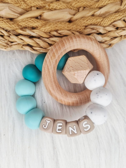 Bijtring met naam - Turquoise, emerald, grit