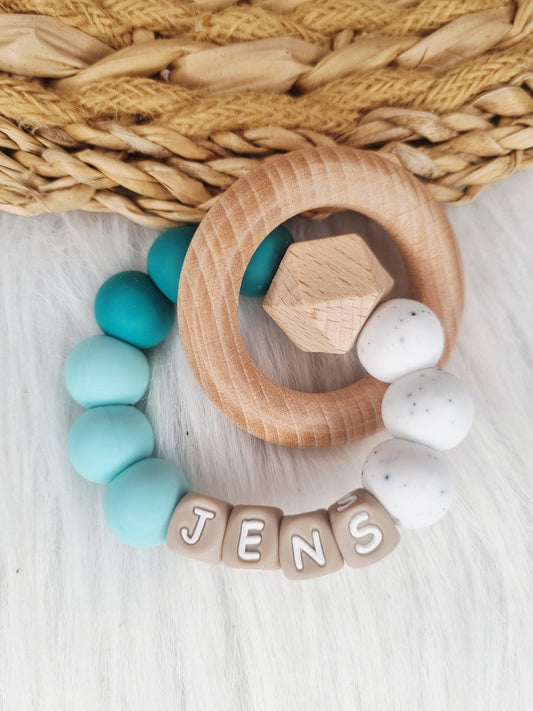 Bijtring met naam - Turquoise, emerald, grit
