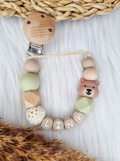 Speenkoord met naam en figuurtje (Jouw eigen ontwerp) beer, klei, sage