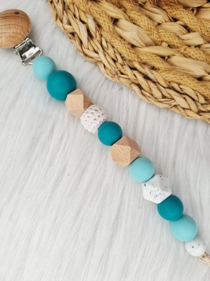 Speenkoord met naam - Turquoise, emerald, grit