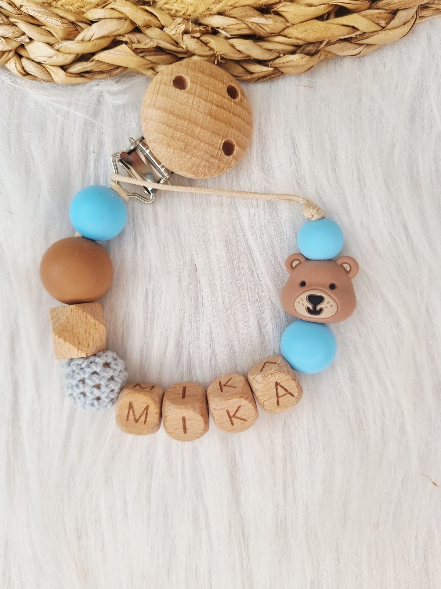 Speenkoord met naam beer, peach brons, baby blauw