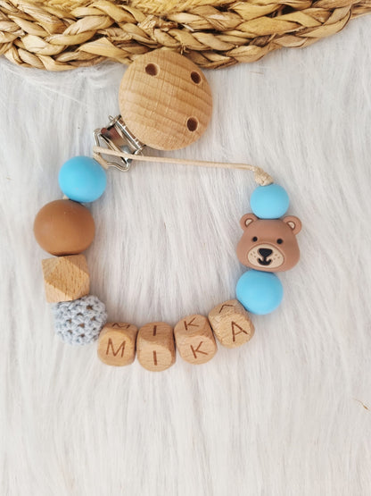 Speenkoord met naam beer, peach brons, baby blauw