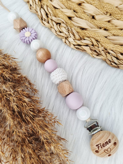 Speenkoord gegraveerd daisy lila, glossy wit