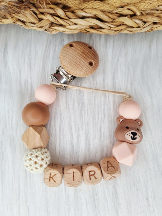 Speenkoord met naam beer peaxh brons light pink 