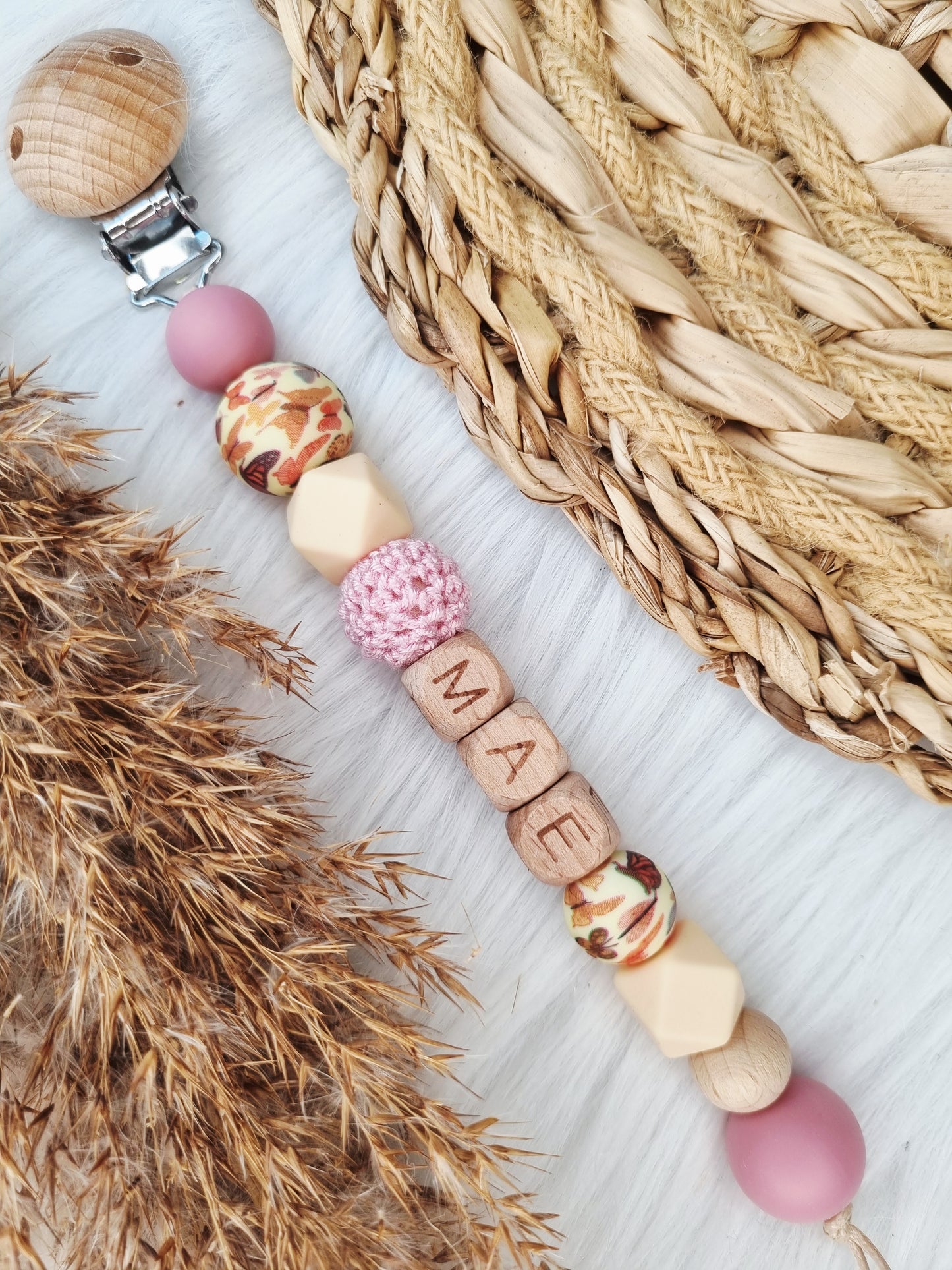 Speenkoord met naam Vlinder, dusty rose, vanille