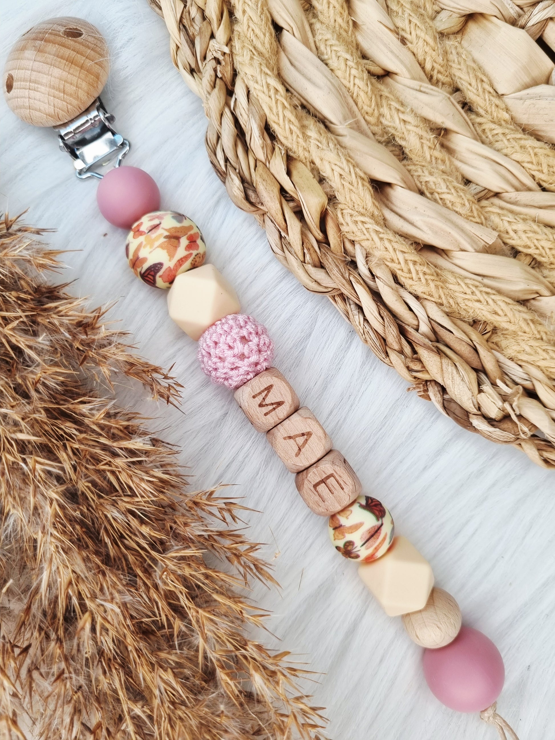 Speenkoord met naam Vlinder, dusty rose, vanille