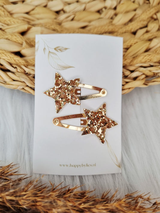 Haarspeldje leatherlook Ster glitter goud 2 stuks