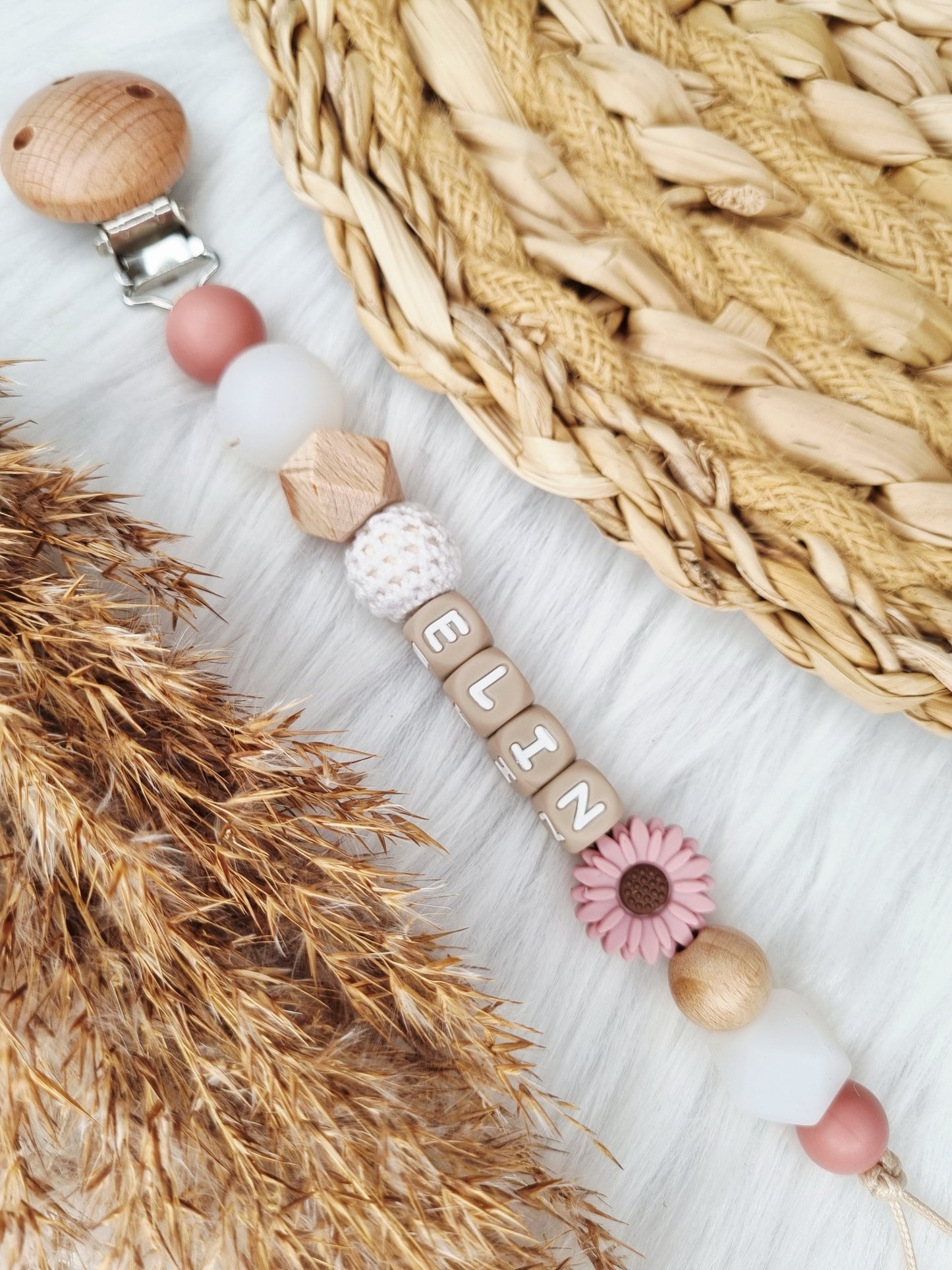 Speenkoord met naam - Daisy powderblush, clear