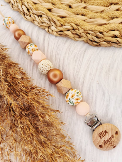 Speenkoord gegraveerd bloem oranje, lightpink, metallic brons