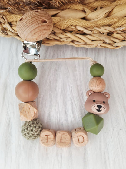 Speenkoord met naam beer peach brons, donkergroen 