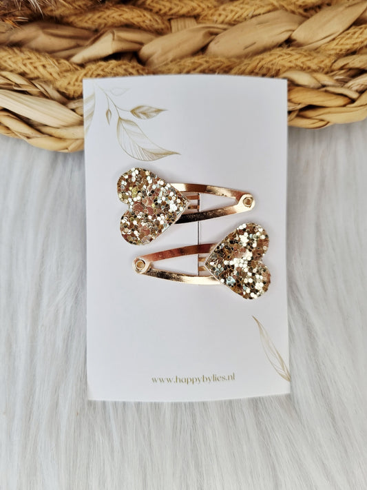 Haarspeldje Hart glitter goud 2 stuks