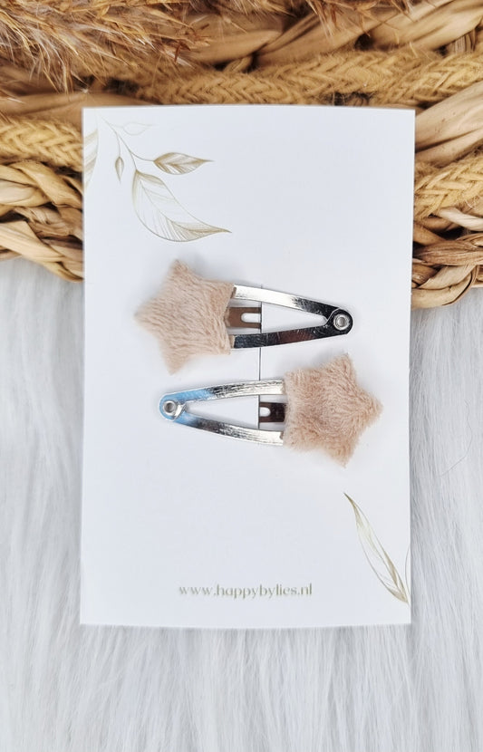 Haarspeldje Ster mini beige bont 2 stuks