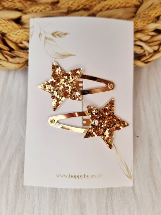 Haarspeldje leatherlook Ster glitter goud 2 stuks