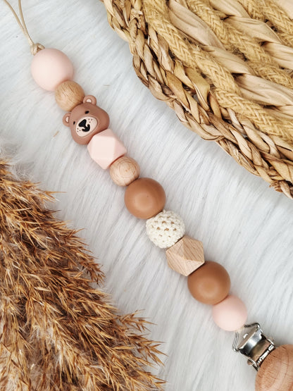 Speenkoord met naam Beer, peach brons, lightpink